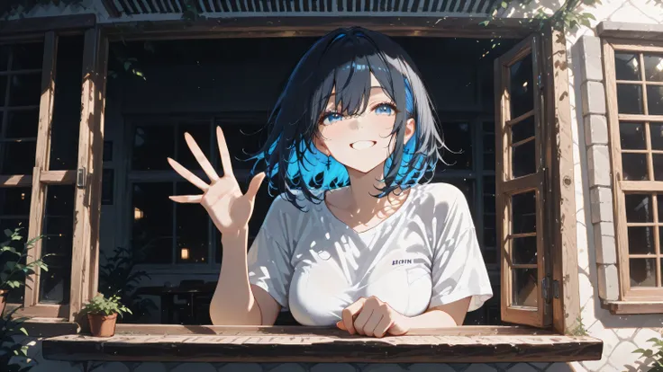 masterpiece, one girl, black medium hair, short cut, blue inner hair, asian, blue eyes, wearing jean, white T shirt, opening the window, smiling, waving towards outside, spring wind