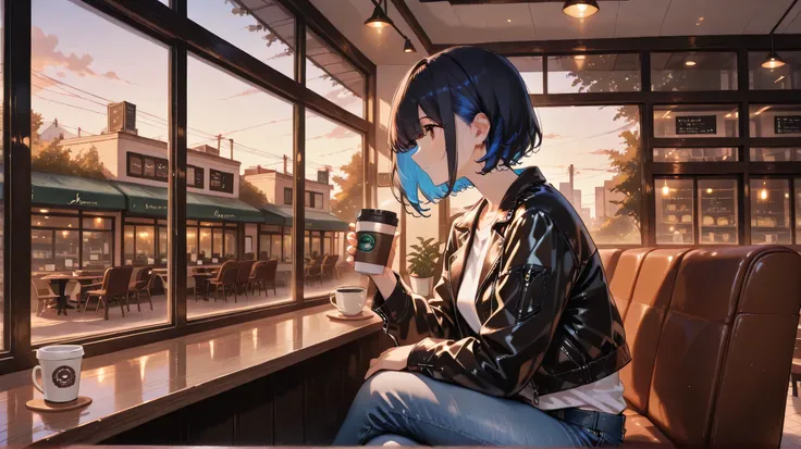 a girl, short cut, black hair, blue inner hair, wearing white t shirt, leather jacket, jeans, in a cafe, taking seat and drinking a cup coffee, close to outside view window, afternoon, view from side
