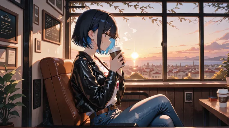 a girl, short cut, black hair, blue inner hair, wearing white t shirt, leather jacket, jeans, in a cafe, taking seat and drinking a cup coffee, close to outside view window, afternoon, view from side
