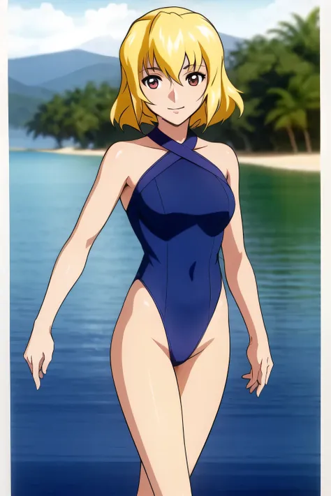 can you draw blondes，nice smile,It depicts her expression more delicately，I'm at sea ，can you draw a woman in a swimsuit in a micro bikini，Can you draw looking back on a blackboard，don't crop your face because facial expression is a top priority，Beautiful ...
