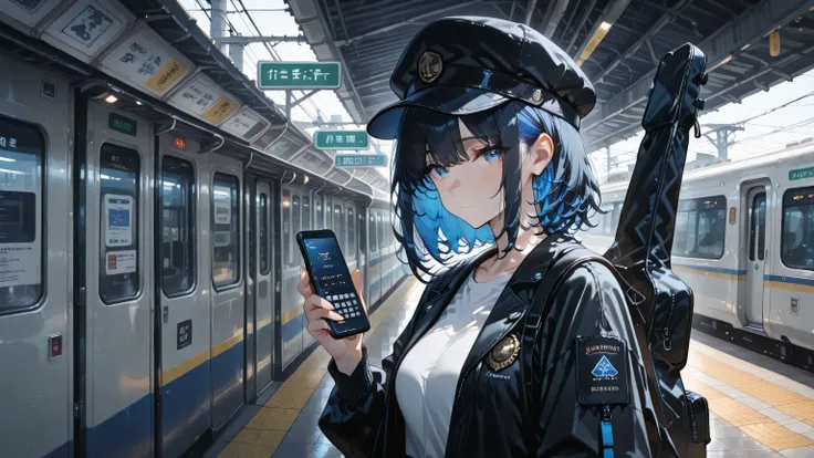 masterpiece, one girl, black medium hair, short cut, blue inner hair, asian, blue eyes, wearing jean, white shirt, black jacket, wearing cap, outdoor head phone, guitar gig bag, in front of subway station gate, eye contact with viewer, shy