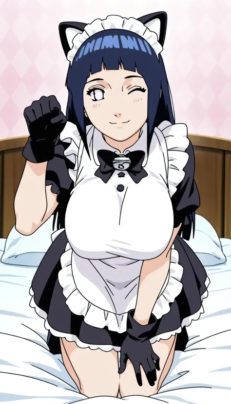 alone, 1 girl, source anime, Hiwa Hinata, long hair, blue hair, Bob cut hair, White eyes, big breasts,  Sexy Maid Dress, Put on, Long black gloves, big breastsมากๆ, Make a cat meow pose, smile, Make Tali Yai, Fine-Faced, kneel, Wink, Addicted to Cat's Ear,...