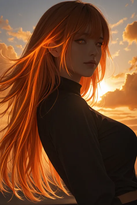 1girl silhouetted against sunset sky, backlighting creating glowing hair edge, face fully dark, dramatic pose, emotional intensity, golden-orange clouds behind, (realistic, masterpiece, best quality, ultra-detailed, absurdres,very aesthetic, high res)