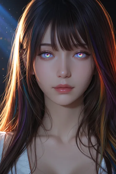 1girl with rainbow streaks across face, prism lighting through mist, glowing light reflecting in eyes, soft magical tone, (realistic, masterpiece, best quality, ultra-detailed, absurdres,very aesthetic, high res)