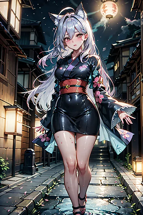 A breathtakingly stunning Japanese urban legend girl, depicted with hyper-realistic details, standing in a shadowy, moonlit alleyway in a serene yet haunting setting. Her long, jet-black hair flows gracefully down to her waist, appearing almost alive as it...