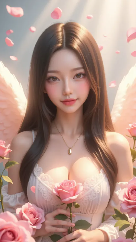 angel with soft pastel wings, surrounded by a garden of roses. Her long flowing hair sparkles under the sunlight. She is gently smiling, holding a pink rose, and her eyes reflect peace and love. The background is dreamy with petals floating in the air.
