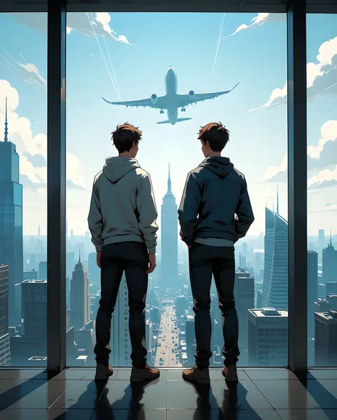 Two young men standing inside a tall skyscraper in New York City, backs facing the camera, looking out through a massive floor-to-ceiling glass window. It’s daytime — the sky is bright but slightly hazy, with light clouds hanging over the skyline. In the f...