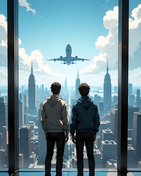 Two men standing inside a tall skyscraper in New York City, backs facing the camera, looking out through a massive floor-to-ceiling glass window. It’s daytime — the sky is bright but slightly hazy, with light clouds hanging over the skyline. In the far dis...