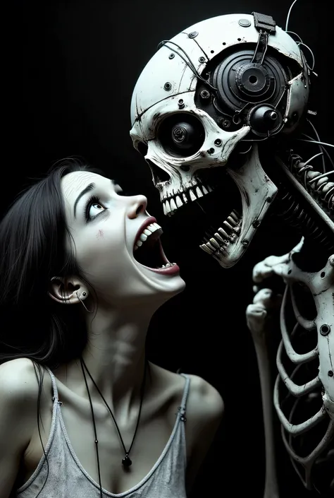 zkeleton、 CyberpunkHorrorAnime、encounter with a girl、both have very surprised faces、horror scary face、Eeek、top quality、Prime Lenses、Deep Background、Horror Taste、