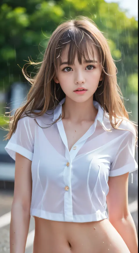 (Close-up face shot of a naked slender small-breasted half up blonde long hair with bangs girl:1.5)、(A naked blonde hair girl is running on a rural town road in Japan with crying face and her hair and face are drenched in the heavy rain:1.5)、(The nipples v...