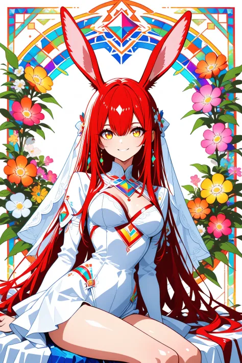 minimalistic line logo, tessellated geometrical design, symmetrical, vectorized, white background, digital style, colorful flowers,
, colored pencil,1 girl,bride,rabbit ears,kind smile,sitting, 1 woman, golden eyes , very long hair , long sidelocks, red ha...