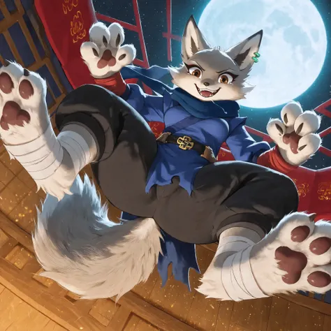 score_9,, source_furry, Furry , (((Kemono))),1gir ,zhen,brown eyes,two-tone fur, grey and white fur, no humans, sharp teeth, fox girl,fox ears,furry female,fox tail, perfect curvy small breasts, smile,  green ear piercing, jewelry, earrings, fluffy, fur, d...