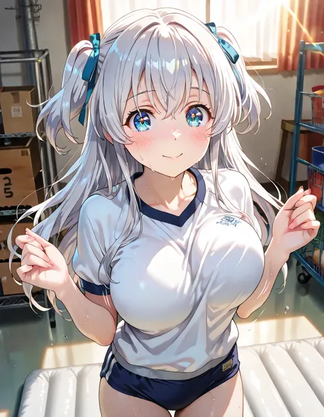 ((ultra-detailed)), (highly detailed CG illustration), (best quality:1.2), ultra-highly, girl, dainty facial structure, round face, rounded chin:1.2, short stature,, celia-default, celia claire, blue eyes, moist eyes, silver hair color, two side up, (hair ...
