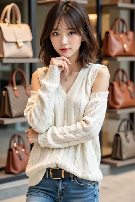 A young woman stands with her fingers under her chin, A shot from the shoulders up. She is wearing an off-white cable knit sweater that features comfortable and trendy shoulder cutouts, It adds a stylish touch to the outfit. her legs are on the ground, Cut...