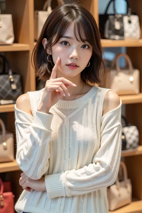 A young woman stands with her finger on her mouth, looks like she is turning around and begging、A shot from the shoulders up. She is wearing an off-white cable knit sweater that features comfortable and trendy shoulder cutouts, It adds a stylish touch to t...