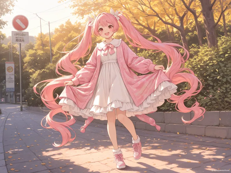 High Quality, 4K, Ultra Fine, photographic, womanhood, pink hair, twin tail, Harajuku fashion, full body view, smiling, Happy Expression, Outdoors,  warm sunshine, glamorous atmosphere, Artistic presentation, Digital Illustration, vivid, beautiful color