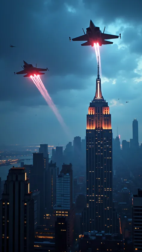 high res image、Urban area of New York、F-22 intercepts UFOs、creative image、flying past the Empire State Building、The US Air Force is attacking with missiles and laser weapons、UFOs fire rays onto the ground、under a dramatic blue sky((masterpiece))、images of ...