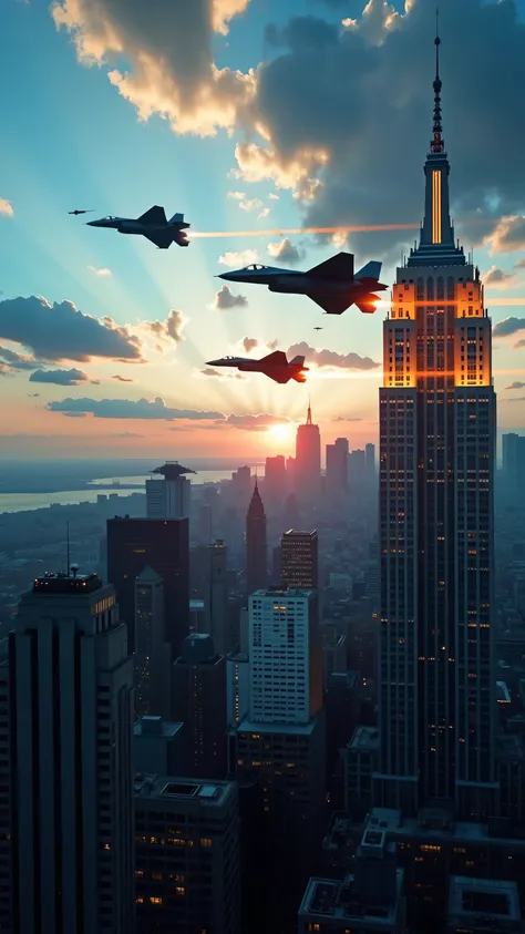 high res image、Urban area of New York、F-22 intercepts UFOs、creative image、flying past the Empire State Building、The US Air Force is attacking with missiles and laser weapons、UFOs fire rays onto the ground、under a dramatic blue sky((masterpiece))、images of ...