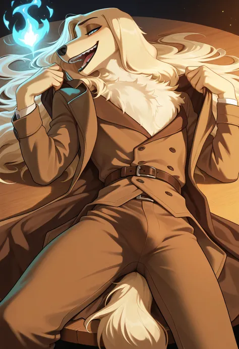 masterpiece, best quality, amazing quality, furry, furry male, solo, male, afghan hound, long hair, half lidded eyes, seductive, laughing, villian, glowing iris, side eye, male, removing cloak, waist coat, playing lute, bulge, fluffy, laying back on table,...