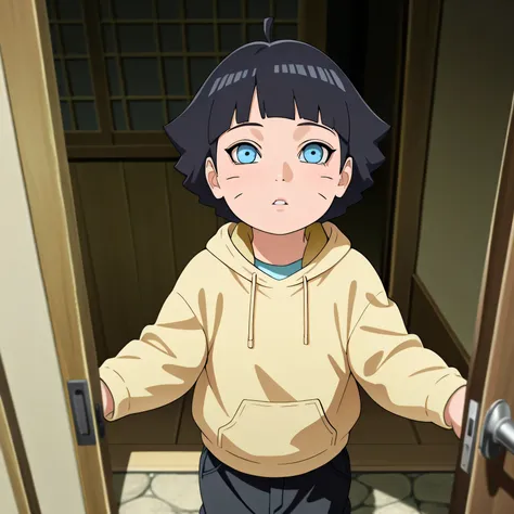 masterpiece, best quality, amazing quality, pov opening door, 1girl, solo, standing outside house, uzumaki himawari, boruto: naruto next generations, black hair, whisker markings, short hair, ahoge, blue eyes, young girl, looking up at viewer,