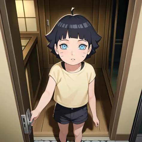 masterpiece, best quality, amazing quality, pov opening door, 1girl, solo, standing outside house, uzumaki himawari, boruto: naruto next generations, black hair, whisker markings, short hair, ahoge, blue eyes, young girl, looking up at viewer,