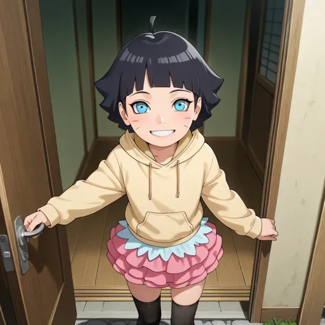 masterpiece, best quality, amazing quality, pov opening door, BREAK, 1girl, solo, standing outside house, uzumaki himawari, boruto: naruto next generations, black hair, whisker markings, short hair, ahoge, blue eyes, young girl, looking up at viewer, hoodi...