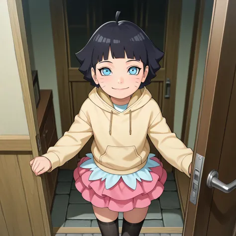 masterpiece, best quality, amazing quality, pov opening door, BREAK, 1girl, solo, standing outside house, uzumaki himawari, boruto: naruto next generations, black hair, whisker markings, short hair, ahoge, blue eyes, young girl, looking up at viewer, hoodi...