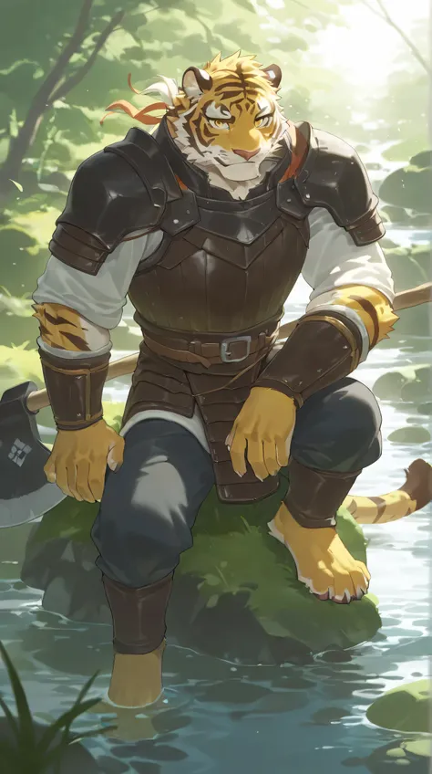 full body, body, male, furry male, solo, mature,肌肉，强壮的身体 ,yellow tiger berserker,(by zixiong:1.1),Leather armor, battle-axe, , west, medieval, solemn tiger, (white and yellow fur, furry), tiger ears,,Tail, ,sittingon the rock, looking at viewer, Upper body...