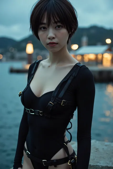 (((Midnight spaceship harbor:2.0))),((Sea with a view of a lighthouse:2.0)),(((HR Giger-esque cyberpunk atmosphere:2.0))),(((Holding a cyberpunk-like Japanese sword:2.0))),Full Body,standing in the teacher's house,ONE WOMAN,(cute face:1.5),(Beautiful well-...
