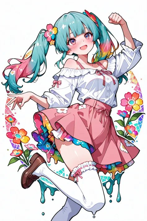 (hatune miku), frilled pink mini skirt, pink skirt, off shoulder, casual cloth, hime cut, flower hair ornament, aqua hair, twintails, open mouth, happy, blush, medium breasts, cute pose, (((dynamic pose))), white frilled thighhighs, brown loafer, ribbon,
(...