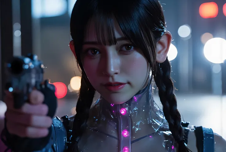 (((In the Midnight Rain:2.0))),(((HR Giger-esque cyberpunk atmosphere:2.0))),(((Hold the laser gun:2.0))),(pointing her muzzle at the viewer:1.7),(((Full Body:2.0))),ONE WOMAN,Female samurai,(cute face:1.5),(Beautiful well-balanced face :2.0),((Long braids...