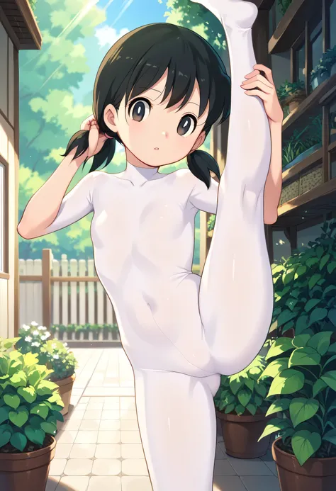 score_9, score_8_up, score_7_up, Hands on my hair, 
 input,1girl, minamoto shizuka \(doraemon\), black hair, low twintails, short twintails, black eyes,
garden, sunlight,standing, 
  white bodystocking、tear,legs up,High kick pose、