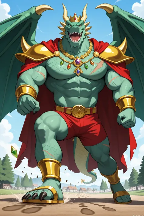 a green giant bad muscular dragon with green scales, 2 big wings, horns, sharp teeth, sharp claws, golden belly, golden armor, golden bracelets with colorful jewels, golden necklaces with colorful jewels, golden crown with colorful jewels, golden belt with...