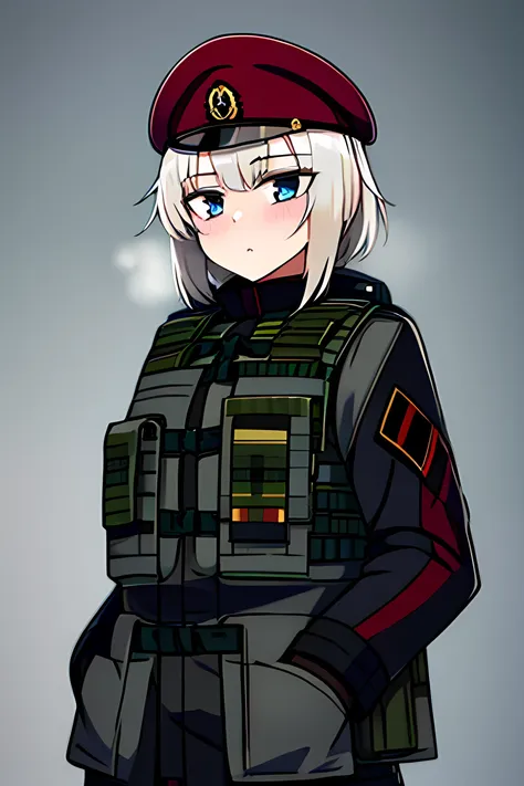 Masterpiece, solo, 1girl, 4k, standing, female soldier, bulletproof vest, winter camouflage uniform, white hair , blue eyes, flat breast, short hair, black gloves, British royal Marines,  hands inside a pocket 