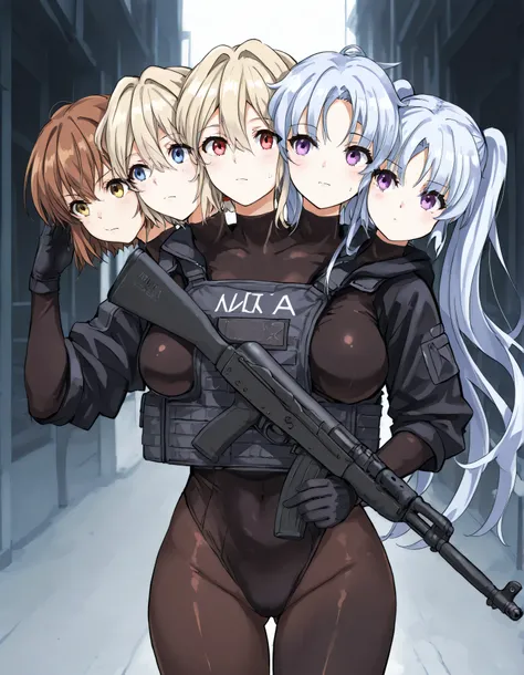 conjoined, 6girls, 6heads, six heads, a tall thin girls with 6heads, extra breasts, elaina, purple eyes and white hair, long hair, majo no tabitabi, misaka mikoto brown eyes and brown hair, short hair, A Certain Scientific Railgun, Yor Forger, red eyes and...