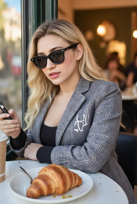 SCENARIO PORTUGAL LISBON at a coffee shop Just brewing at a table drinking a Croissant coffee , a Woman sitting in a café , similar to Inga Voloshchakevych , 24 years old, long gray blonde hair, very smooth natural blue eyes, textured skin with a natural ...