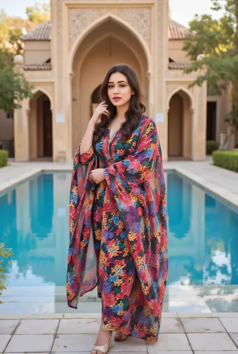 A full-body shot of a beautiful, partially covered Iranian woman with long hair dancing rhythmically , She looks at the camera and . The woman is wearing colorful local clothing. In the background is an elegant ornamental pool surrounded by intricate Persi...