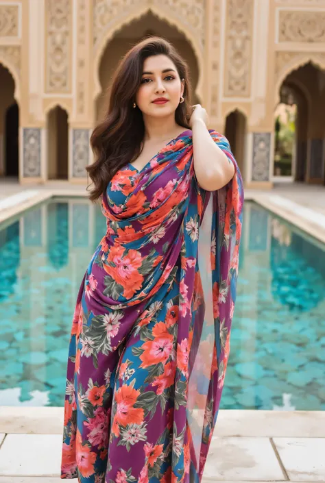 A full-body shot of a beautiful, partially covered Iranian woman with long hair dancing rhythmically , She looks at the camera and . The woman is wearing colorful local clothing. In the background is an elegant ornamental pool surrounded by intricate Persi...