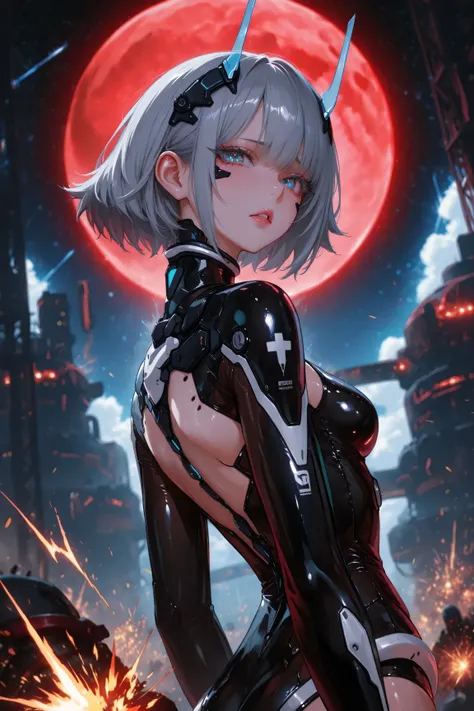 Masterpiece, High Quality, High Definition, High Resolution, 16K, Makoto Shinkai Illustration, Detail, Hyperrealistic, Digital Painting, Cyberpunk, Sci-Fi, One Petite Girl, Small Breasts, Beautiful Face, Long Eyelashes, Fair Skin, Blue Eyes, Stars In Eyes,...