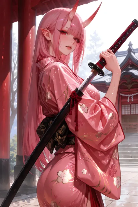 Masterpiece, High Quality, High Resolution, 16k, Animated, Detailed Background, Hyperrealistic, Digital Paint, Dark Fantasy, Oni Girl, Glossy pink long hair, Oni horns, Oni fangs, Red eyes, Long ears, Long eyelashes, Clean skin, Clean legs, Kimono, Realis...
