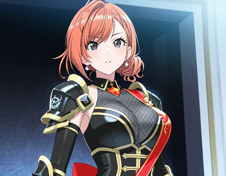 (masterpiece),(best quality),(ultra-detailed),(best illustration),(best shadow),(absurdres),(detailed background),(very aesthetic),arisugawa natsuha, 1girl, solo, orange hair, short hair, ahoge, swept bangs, black eyes, large breasts,anime screencap,"Upper...