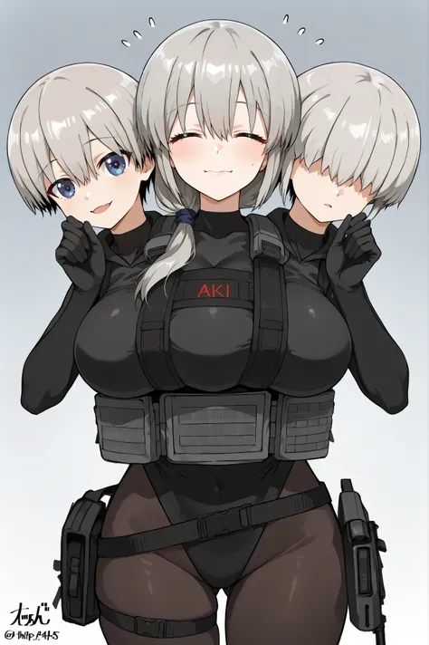 conjoined, 3girls, 3heads, three heads, a tall thin girls with 3heads, TripleTits, three breasts, grey hair, short hair, hair over shoulder, closed eyes, hair, hair over eyes, covered eyes, blue eyes, large breasts, black leotard, black bodysuit, black pan...