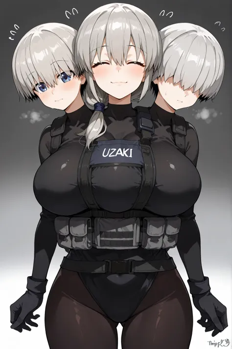 conjoined, 3girls, 3heads, three heads, a tall thin girls with 3heads, TripleTits, three breasts, grey hair, short hair, hair over shoulder, closed eyes, hair, hair over eyes, covered eyes, blue eyes, large breasts, black leotard, black bodysuit, black pan...