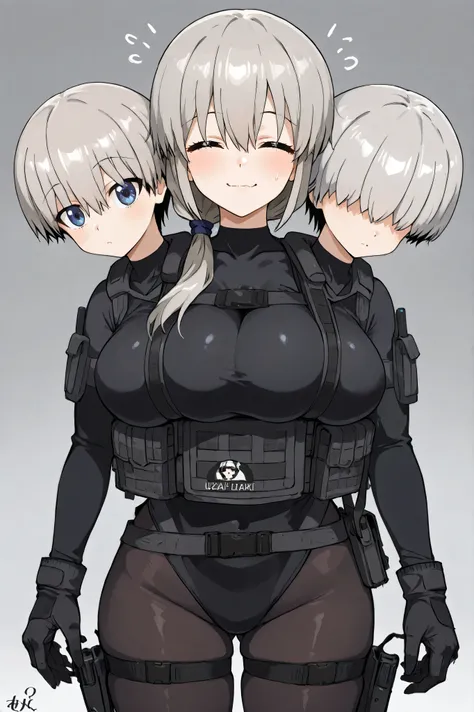 conjoined, 3girls, 3heads, three heads, a tall thin girls with 3heads, TripleTits, three breasts, grey hair, short hair, hair over shoulder, closed eyes, hair, hair over eyes, covered eyes, blue eyes, black leotard, black bodysuit, black pantyhose, bulletp...