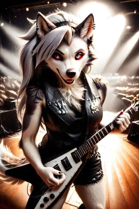 Loona, furry, fluffy tail, solo, (Rock band guitarist), tank top, (leather jacket), smile(look at the audience:1.3), (electric guitar), flying-v, live show venue, lighting, spotlight, from above, ultrahigh details, ultra-realistic photo, two-tone fur, gray...