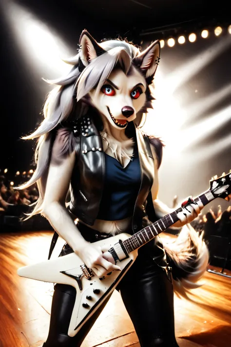 Loona, furry, fluffy tail, solo, (Rock band guitarist), tank top, (leather jacket), smile(look at the audience:1.3), (electric guitar), flying-v, live show venue, lighting, spotlight, from above, ultrahigh details, ultra-realistic photo, two-tone fur, gray...