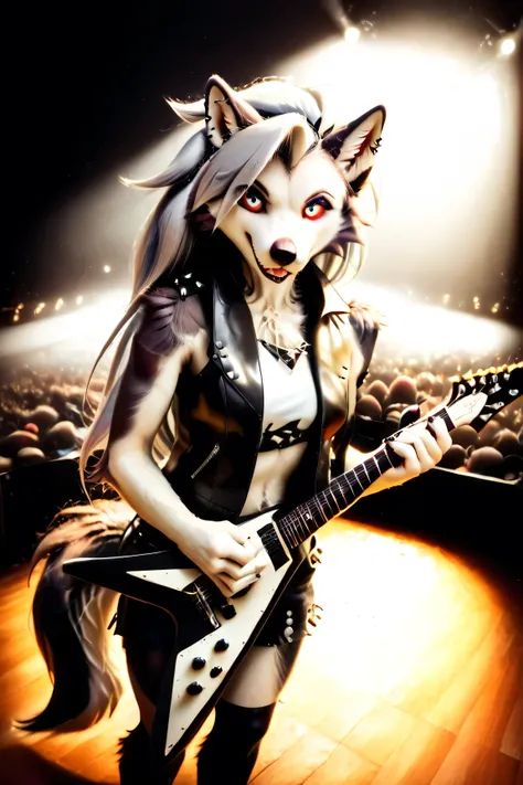 Loona, furry, fluffy tail, solo, (Rock band guitarist), tank top, (leather jacket), smile(look at the audience:1.3), (electric guitar), flying-v, live show venue, lighting, spotlight, from above, ultrahigh details, ultra-realistic photo, two-tone fur, gray...