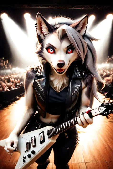 Loona, furry, fluffy tail, solo, (Rock band guitarist), tank top, (leather jacket), smile(look at the audience:1.3), (electric guitar), flying-v, live show venue, lighting, spotlight, from above, ultrahigh details, ultra-realistic photo, two-tone fur, gray...