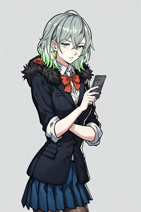 simple background, portrait, p5ann-winuni, blazer, black blazer, school emblem, layered clothes, jacket, open jacket, hood, pantyhose, black pantyhose, medium skirt, blue skirt, hoodie, hood, hood down, shuujin academy school uniform, sleeves rolled up, di...