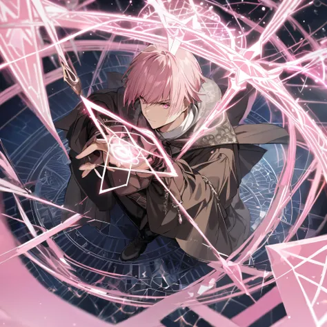 masterpiece, high quality, detailed background, man, light pink hair / sakura colored hair, short hair, anime, light pink eyes, serious expression, casting a spell, pink pentagram,and many magic circles containg geometric shapes making complex patterns wit...